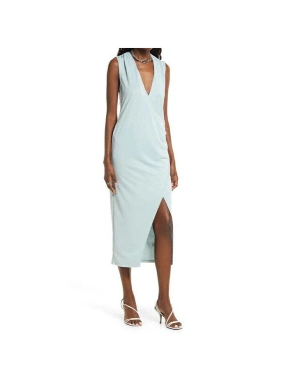 Open Edit teal tank midi dress BNWOT sz Medium faux wrap front slit